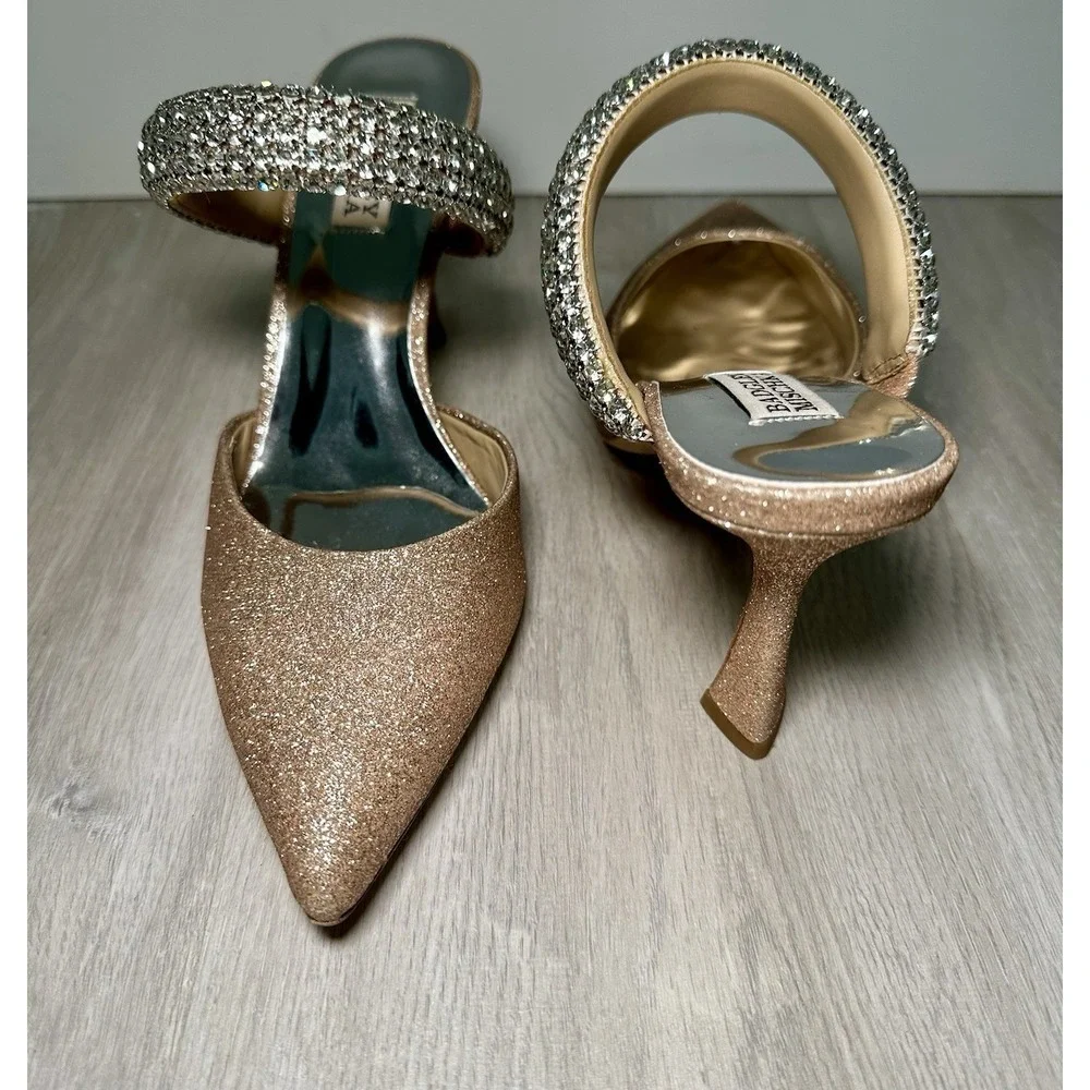 Badgley Mischka Nori Mules Women 8 Rose Gold Excellent Crystal Glitter Heels